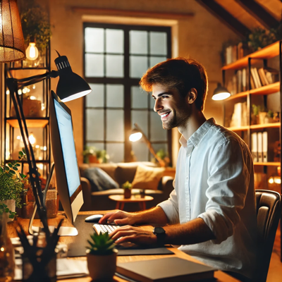 He is smiling at his own affiliate marketing success while sitting at his computer