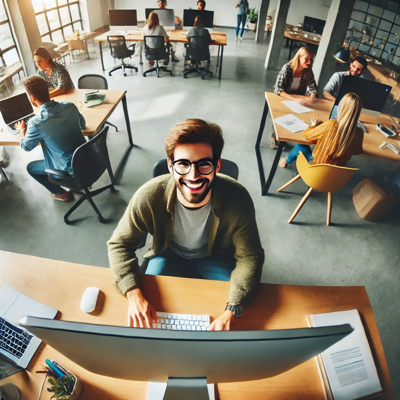 He is smiling at his own affiliate marketing success while sitting at his computer