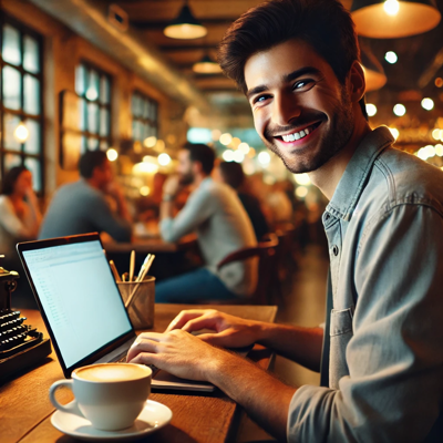 He is smiling at his own affiliate marketing success while sitting at his computer