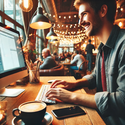 He is smiling at his own affiliate marketing success while sitting at his computer